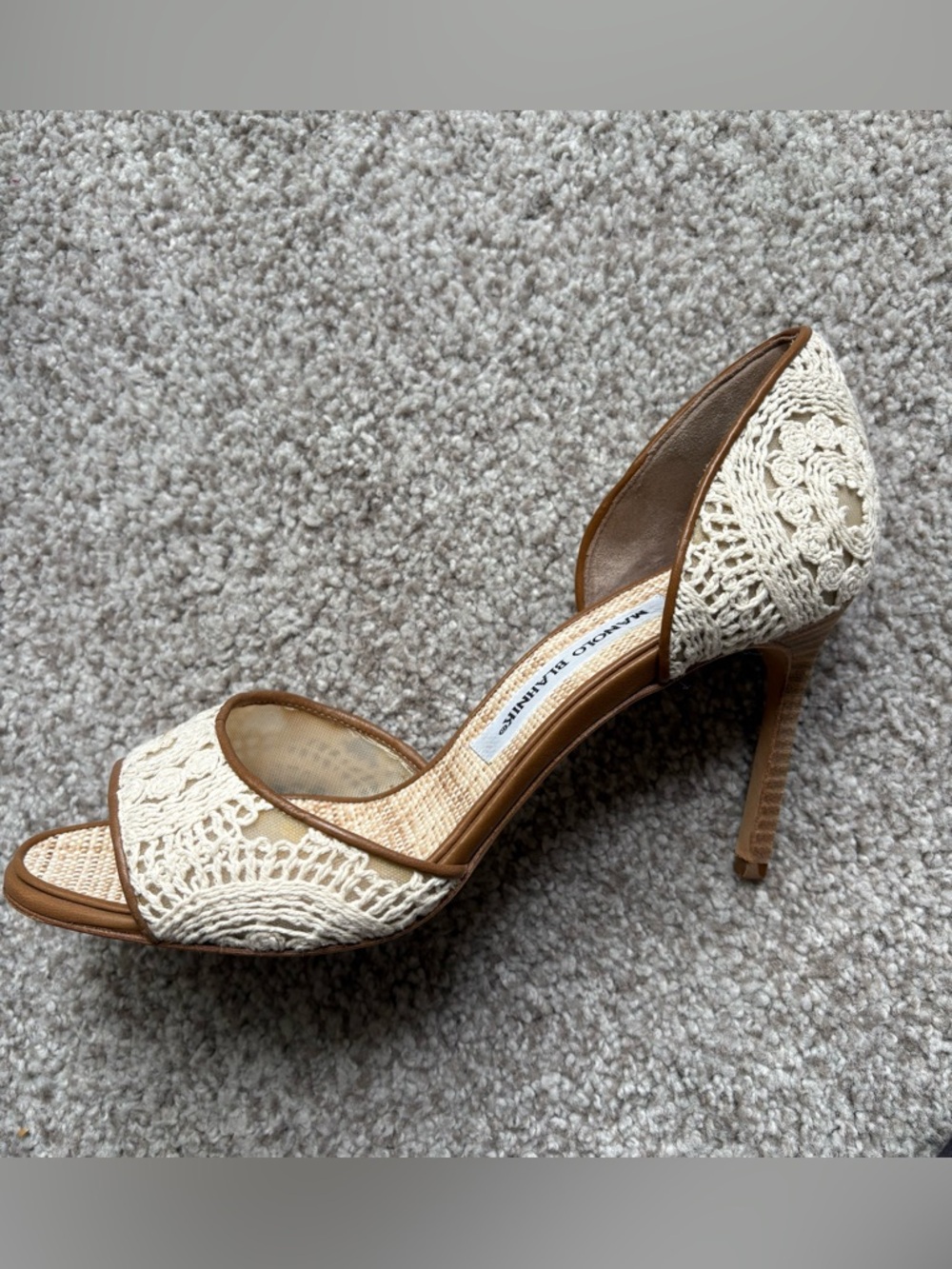 Manolo Blahnik Cream Crochet D'Orsay Stiletto with Tan Trim